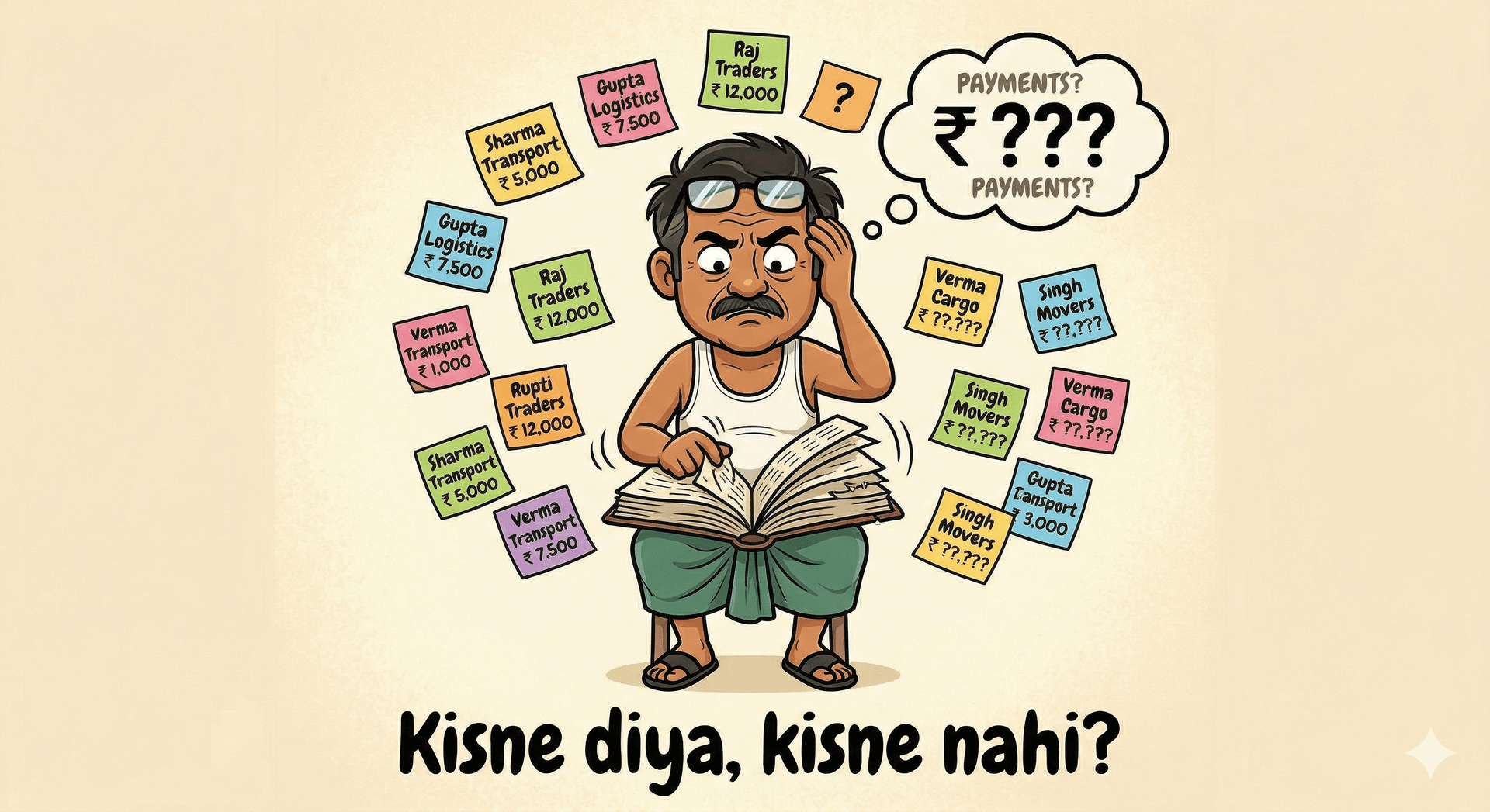 Kisne diya, kisne nahi? — frustrated owner with payment sticky notes