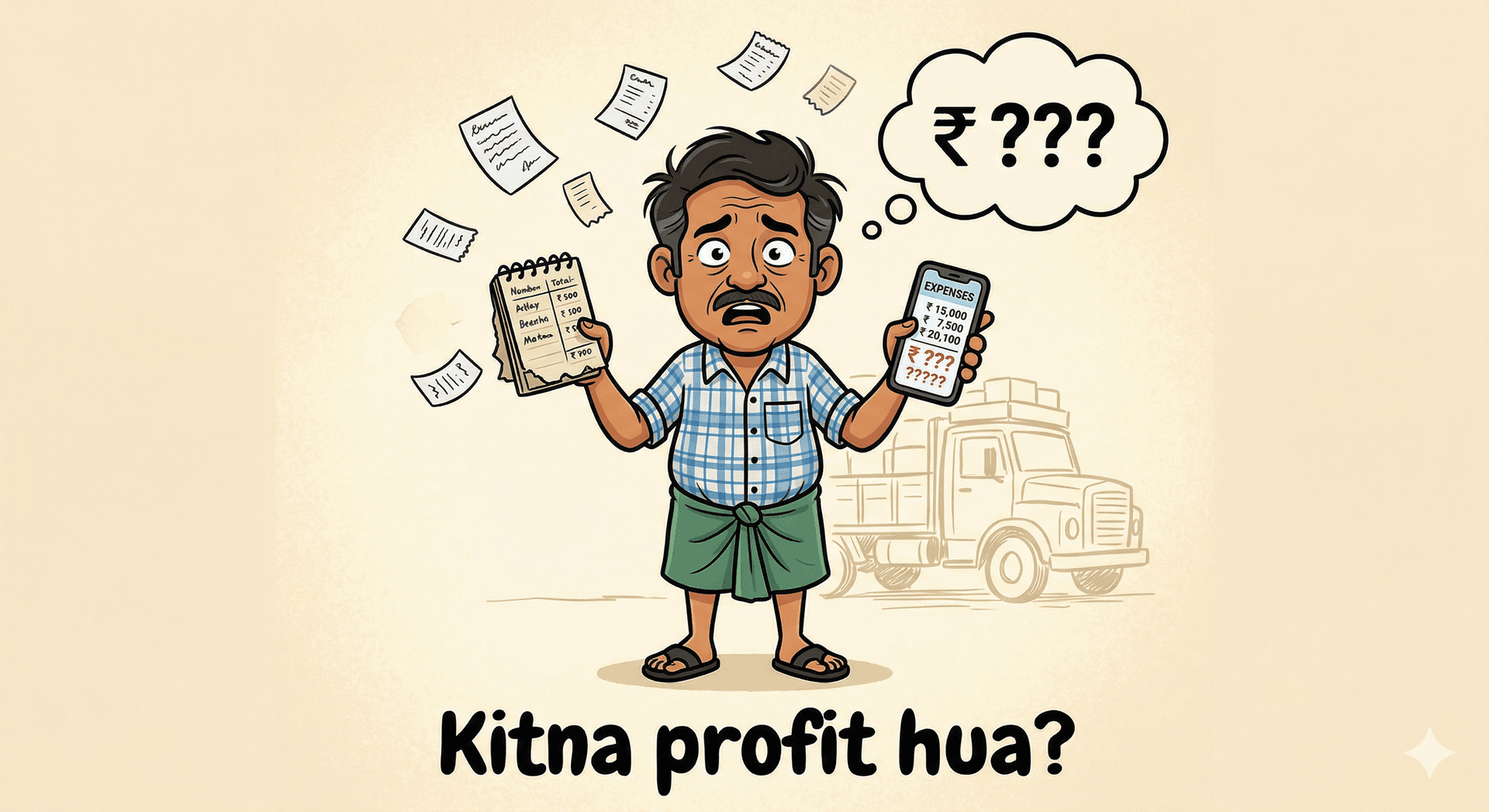 Kitna profit hua? — confused fleet owner with receipts and calculator