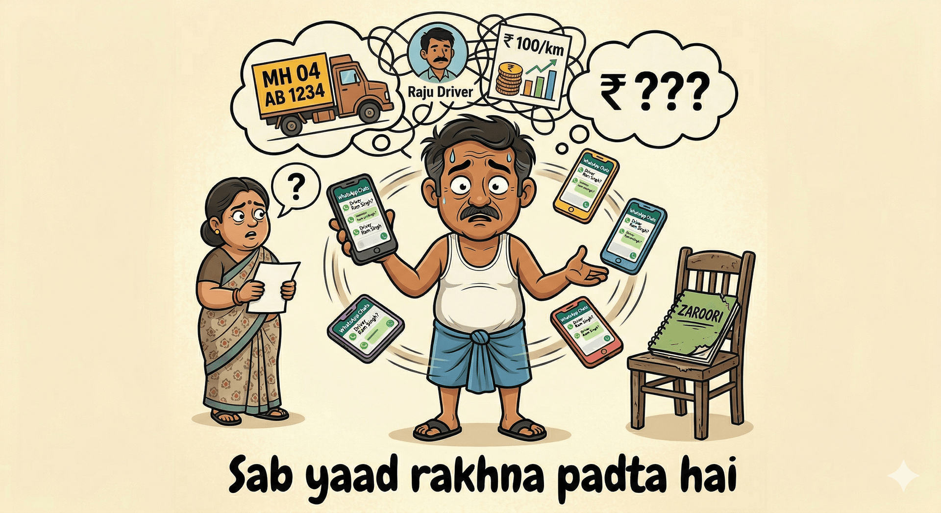 Sab yaad rakhna padta hai — overwhelmed owner juggling phones and information